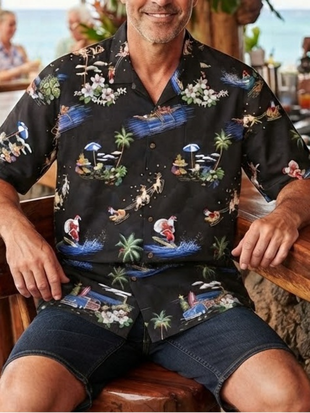 Pacific Legend Surfing Santa Tropical Christmas Hawaiian Shirt Mens 2XL Black